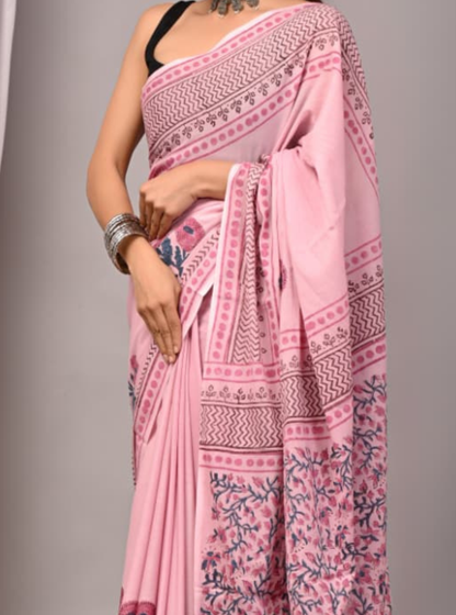 Soft Pink Bagru Print Cotton Saree with Floral Pallu