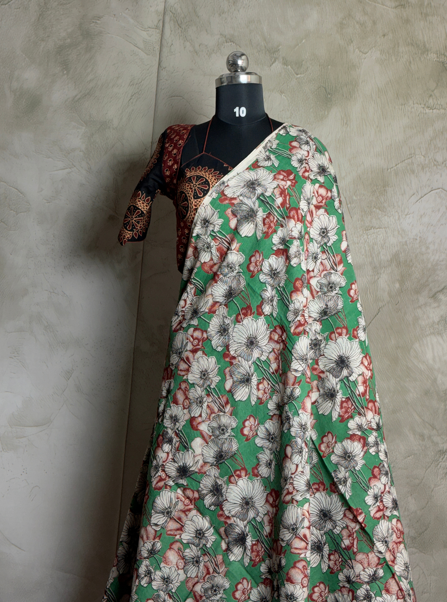 Mint Green Cotton Kalamkari Saree with Floral Blossom Prints