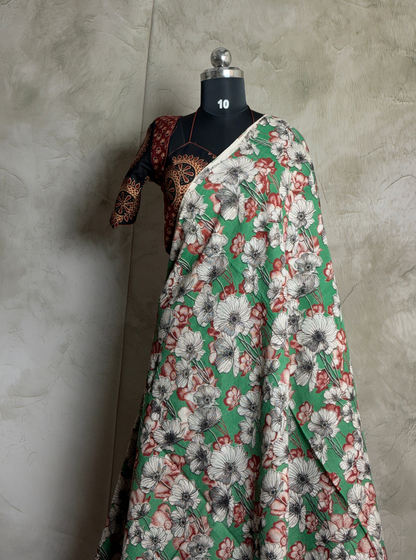 Mint Green Cotton Kalamkari Saree with Floral Blossom Prints