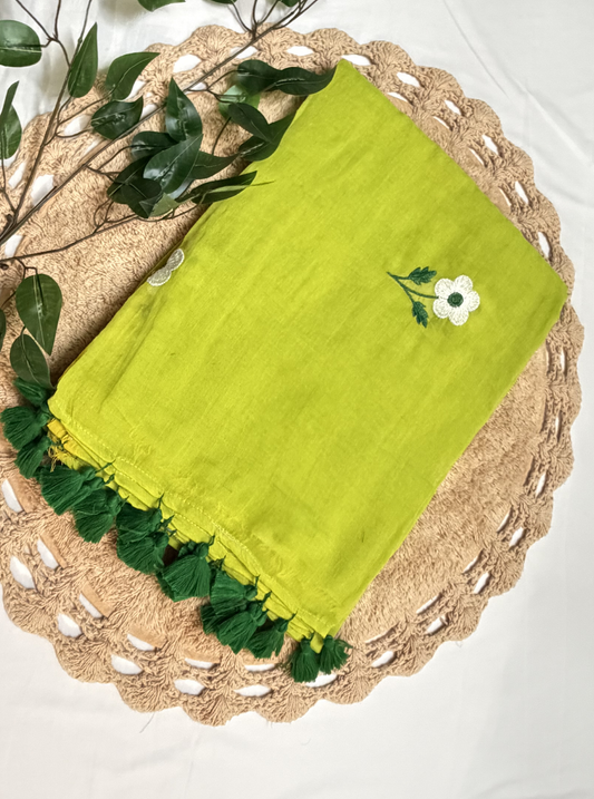 Fresh Lime Green Mul Cotton Saree with Floral Embroidery & Tassels