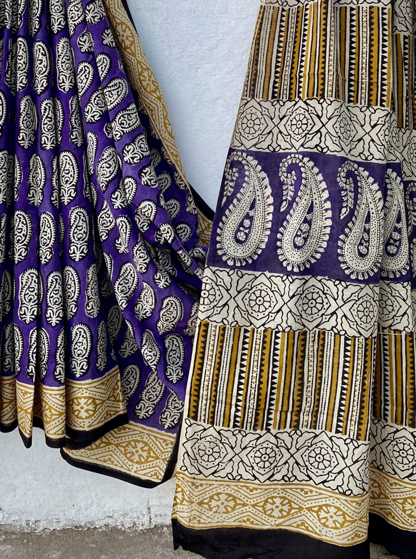 Royal Indigo & Mustard Bagru Handblock Printed Cotton Saree