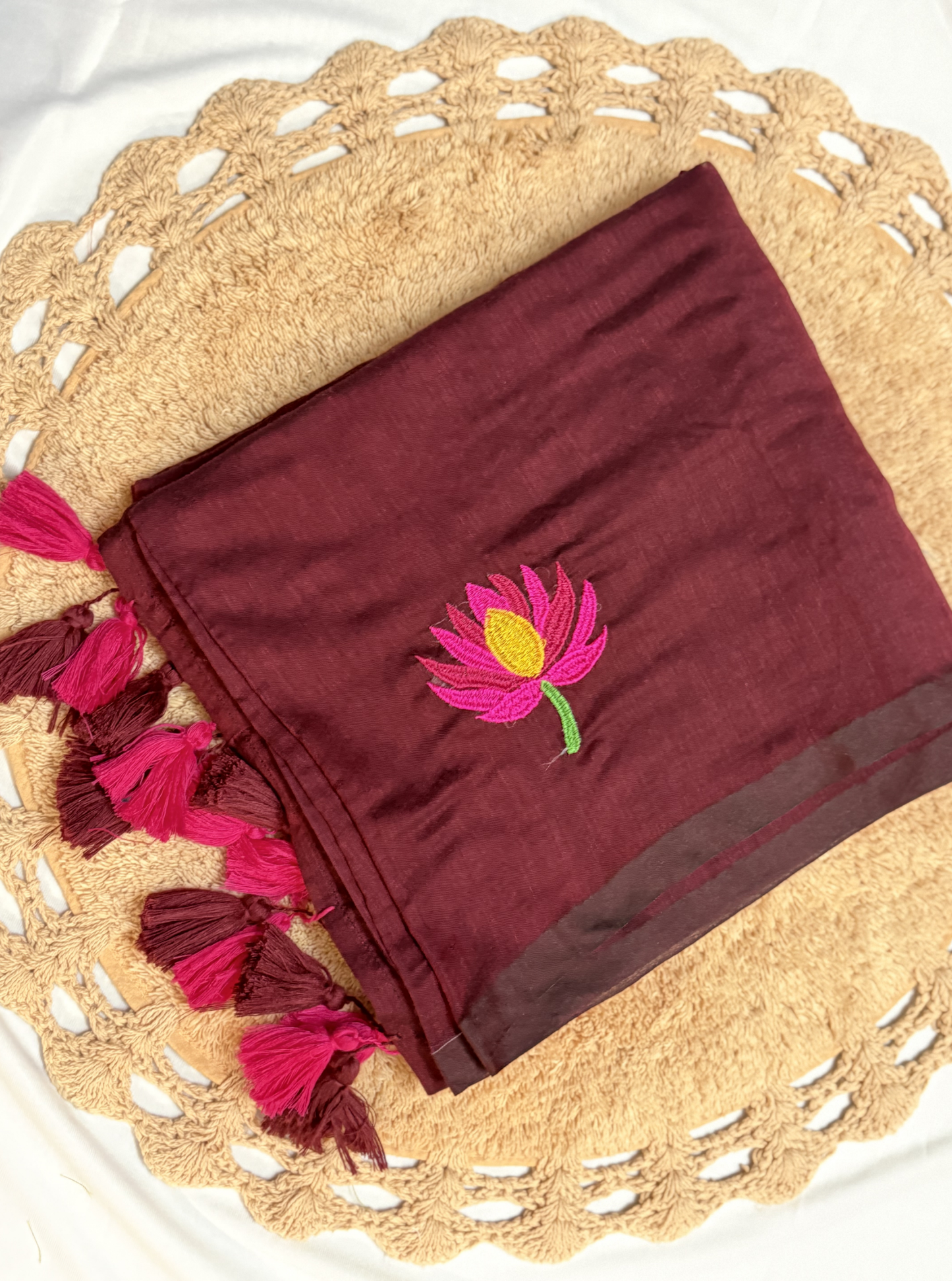 Deep Maroon Mul Cotton Saree with Embroidered Lotus Motif & Contrast Tassels