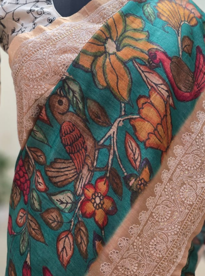 Teal Green Tussar Silk Saree with Kalamkari Bird & Floral Print