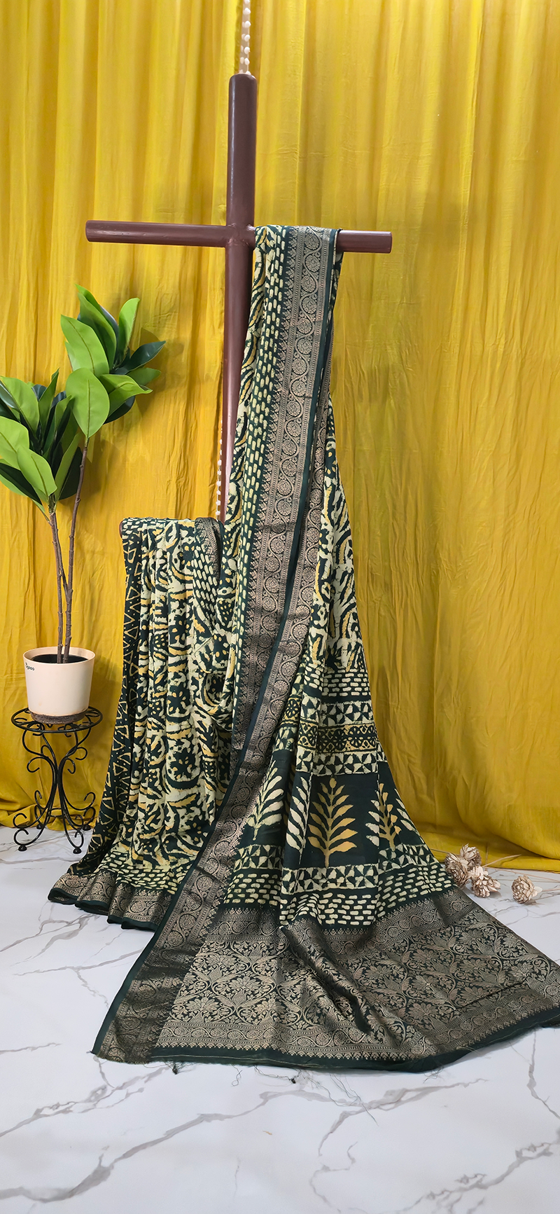 Stylish Yellow Dola Silk Saree with Ajrakh Hand Block Print for Festive & Party Wear