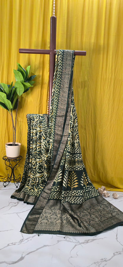 Stylish Yellow Dola Silk Saree with Ajrakh Hand Block Print for Festive & Party Wear