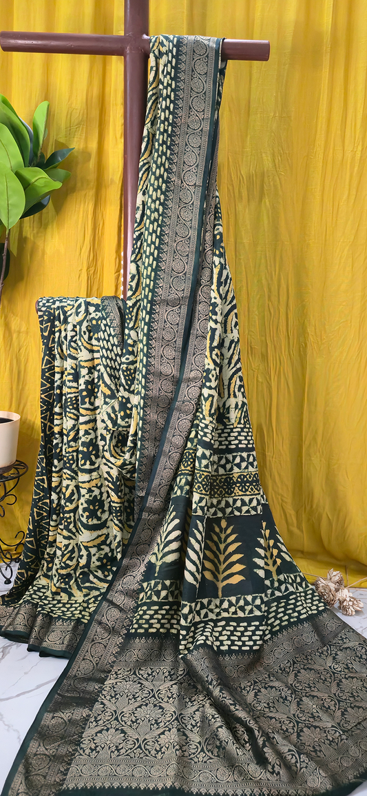 Stylish Yellow Dola Silk Saree with Ajrakh Hand Block Print for Festive & Party Wear