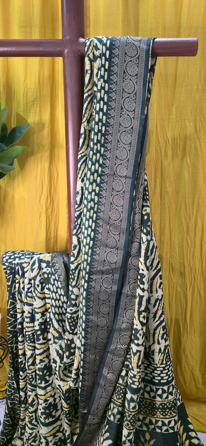 Stylish Yellow Dola Silk Saree with Ajrakh Hand Block Print for Festive & Party Wear