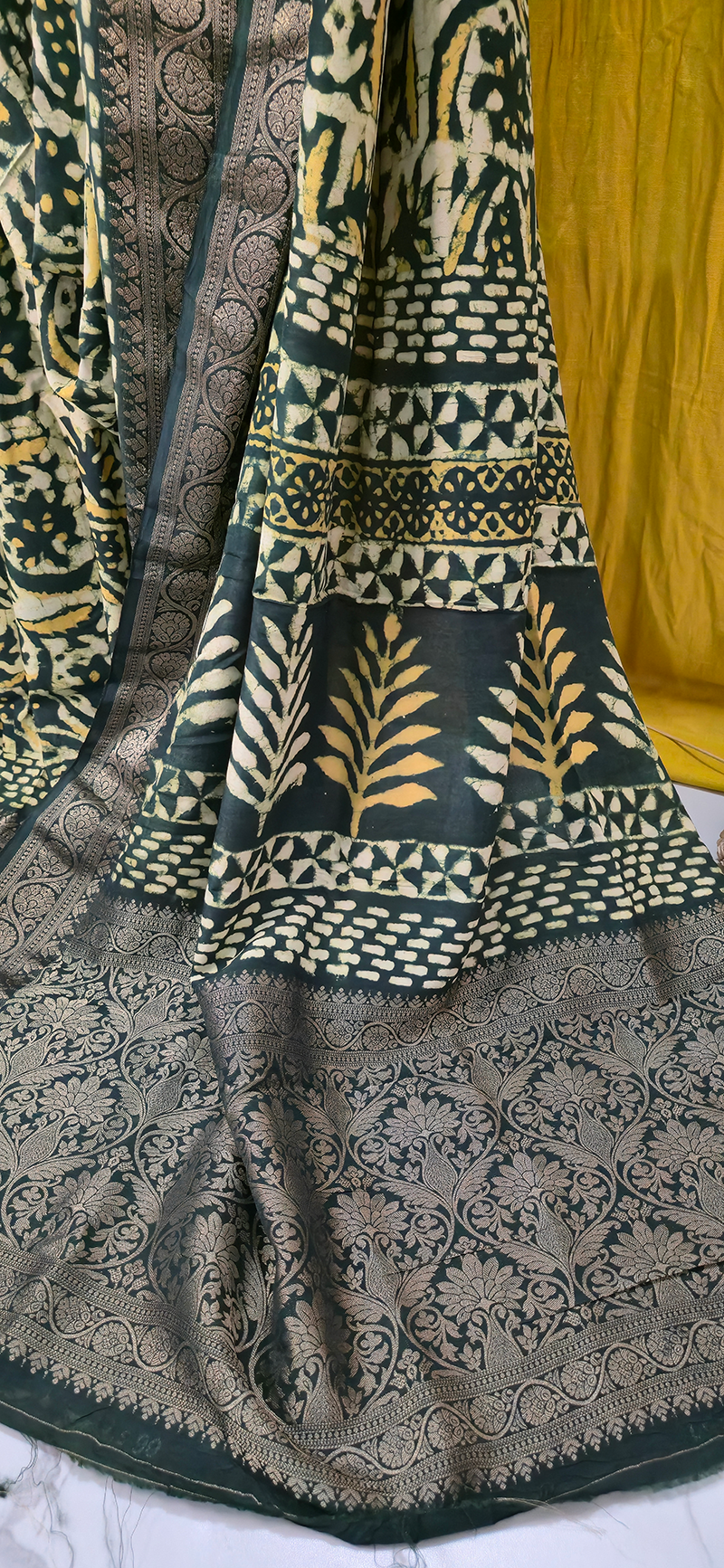 Stylish Yellow Dola Silk Saree with Ajrakh Hand Block Print for Festive & Party Wear