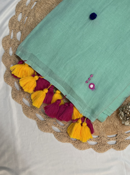 Mint Green Mul Cotton Saree with Multicolor Tassel Pallu