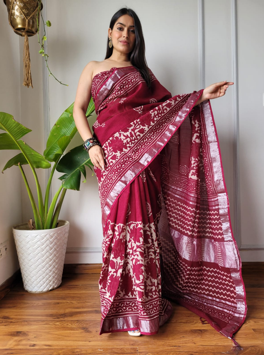 Maroon Cotton Linen Saree with Hand Block Inspired Prints & Statement Pallu