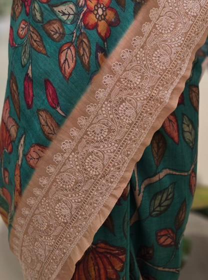 Teal Green Tussar Silk Saree with Kalamkari Bird & Floral Print