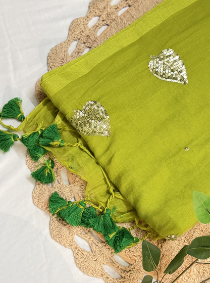 Lime Green Mul Cotton Saree with Sequin Leaf Motifs & Tassels