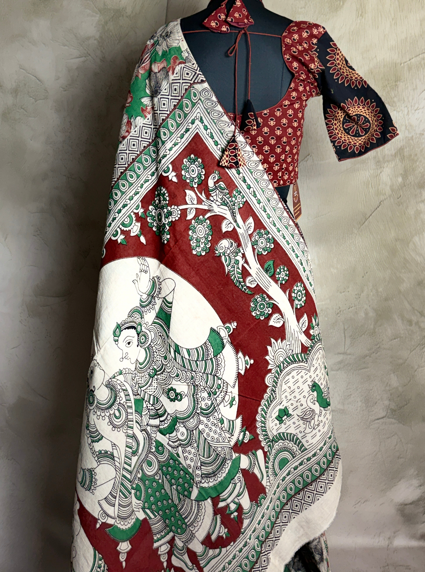 Mint Green Cotton Kalamkari Saree with Floral Blossom Prints