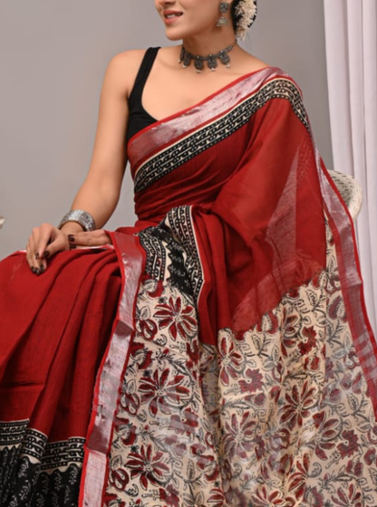 Classic Red Linen Cotton Saree with Floral Kalamkari-Inspired Pallu