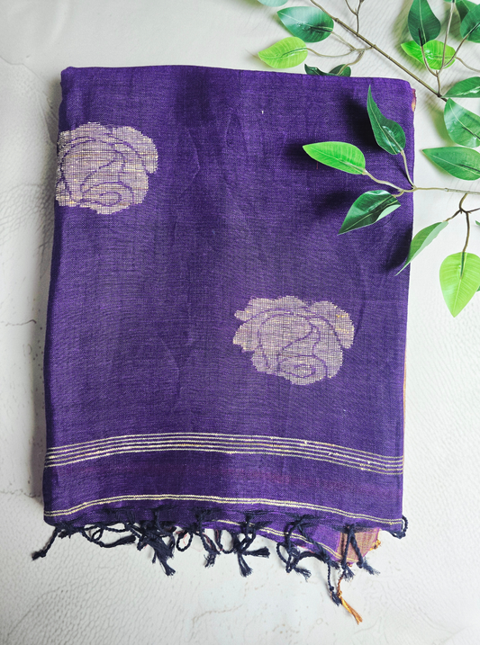 Elegant Purple Linen Tissue Saree with Jamdani Motifs