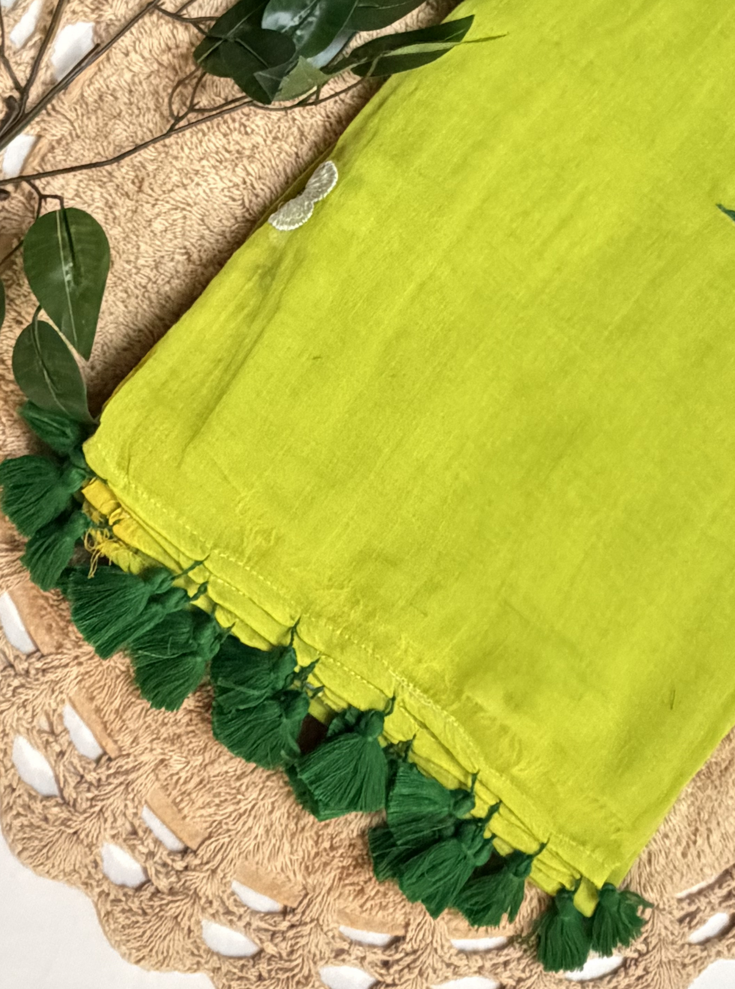 Fresh Lime Green Mul Cotton Saree with Floral Embroidery & Tassels