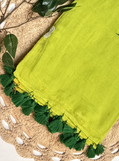 Fresh Lime Green Mul Cotton Saree with Floral Embroidery & Tassels