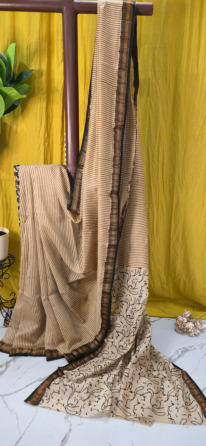 Charming Ivory Maheshwari Silk Saree with Hand Block Print for Festive & Party Wear