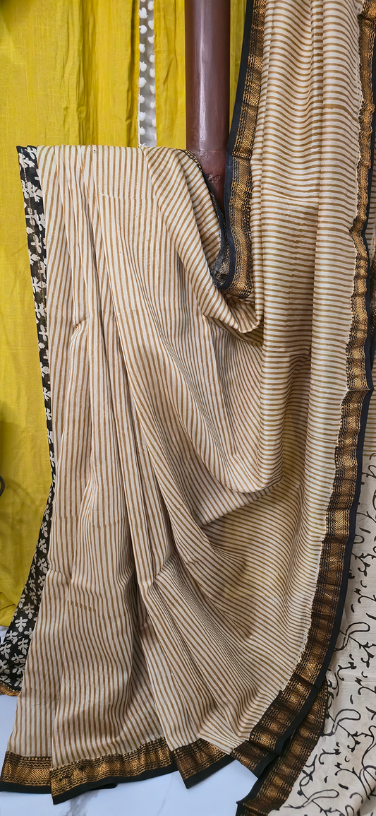 Charming Ivory Maheshwari Silk Saree with Hand Block Print for Festive & Party Wear