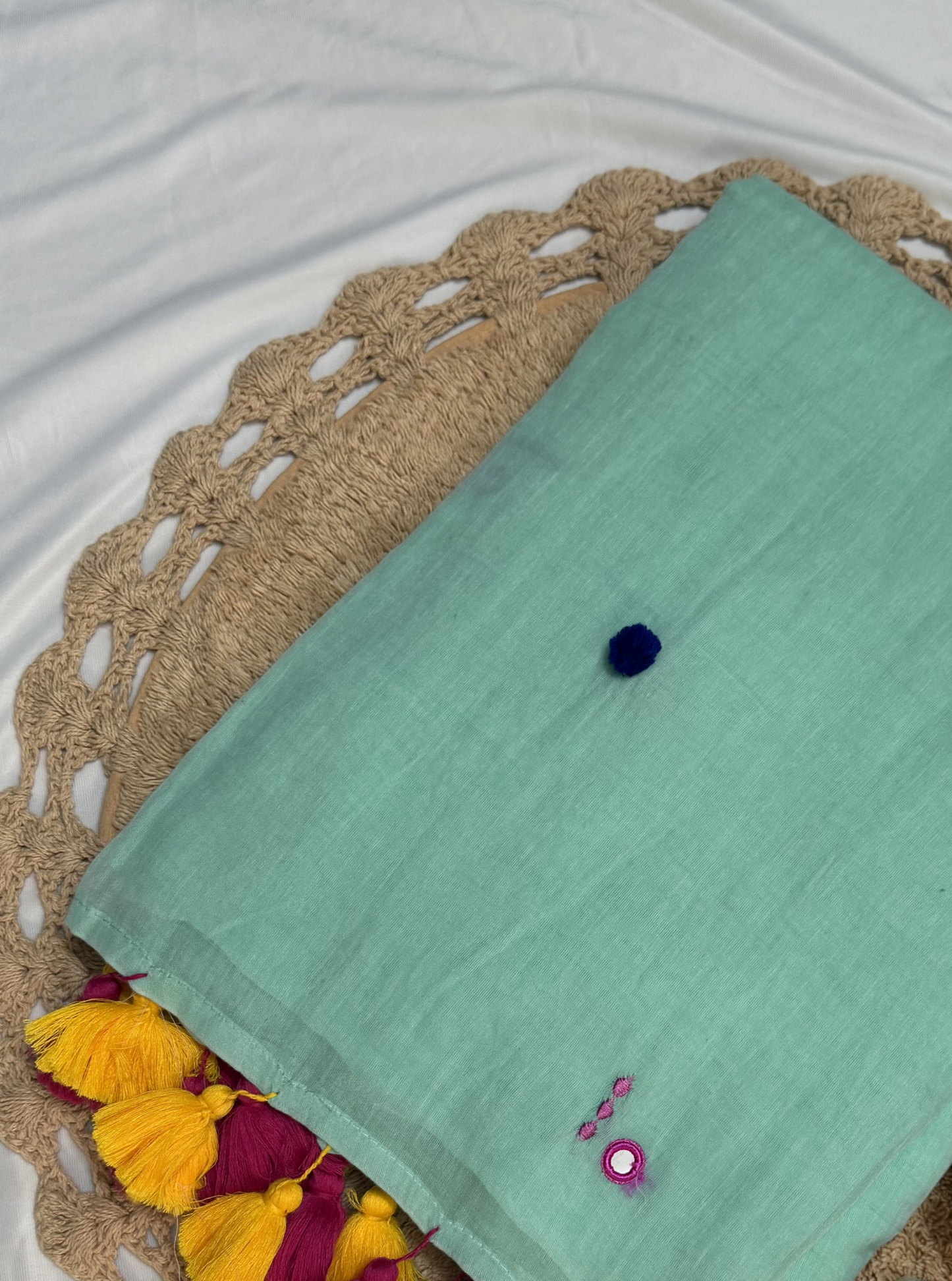 Mint Green Mul Cotton Saree with Multicolor Tassel Pallu