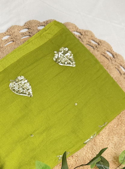 Lime Green Mul Cotton Saree with Sequin Leaf Motifs & Tassels