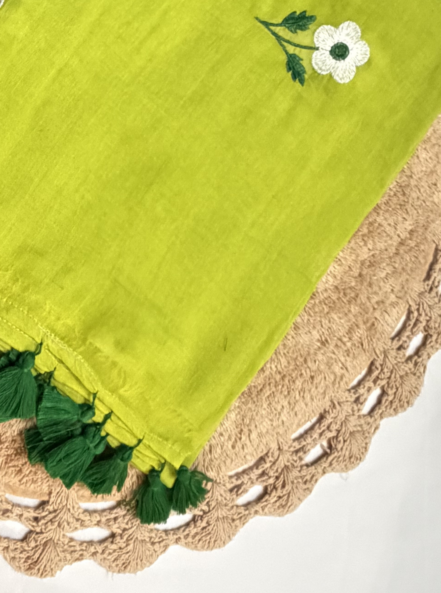 Fresh Lime Green Mul Cotton Saree with Floral Embroidery & Tassels