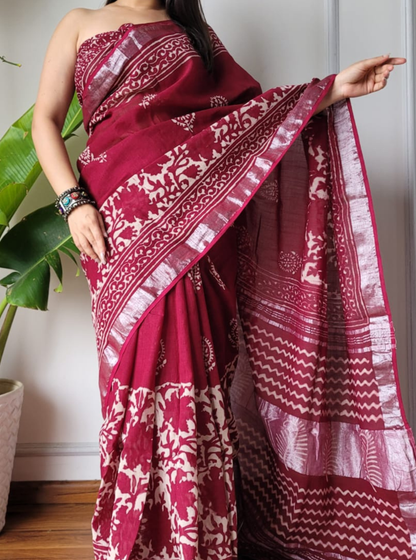 Maroon Cotton Linen Saree with Hand Block Inspired Prints & Statement Pallu