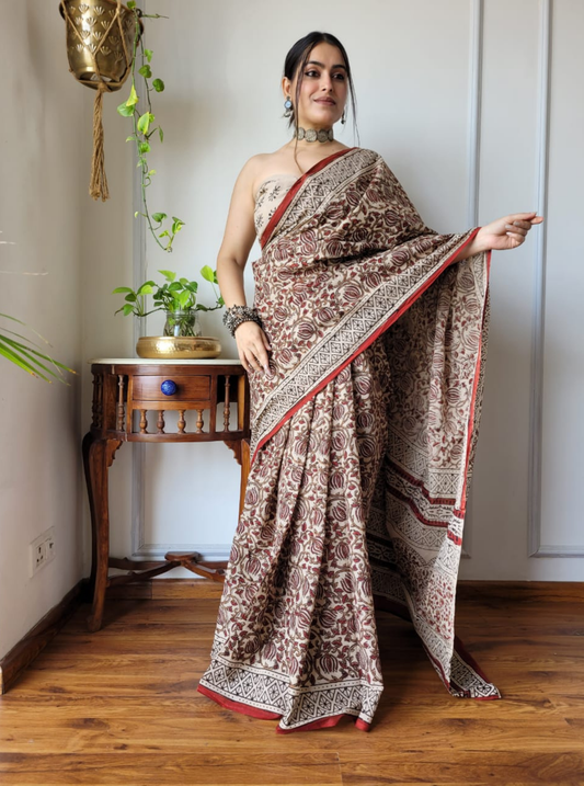 Elegant Beige Cotton Ajrakh Saree with Traditional Handblock Prints