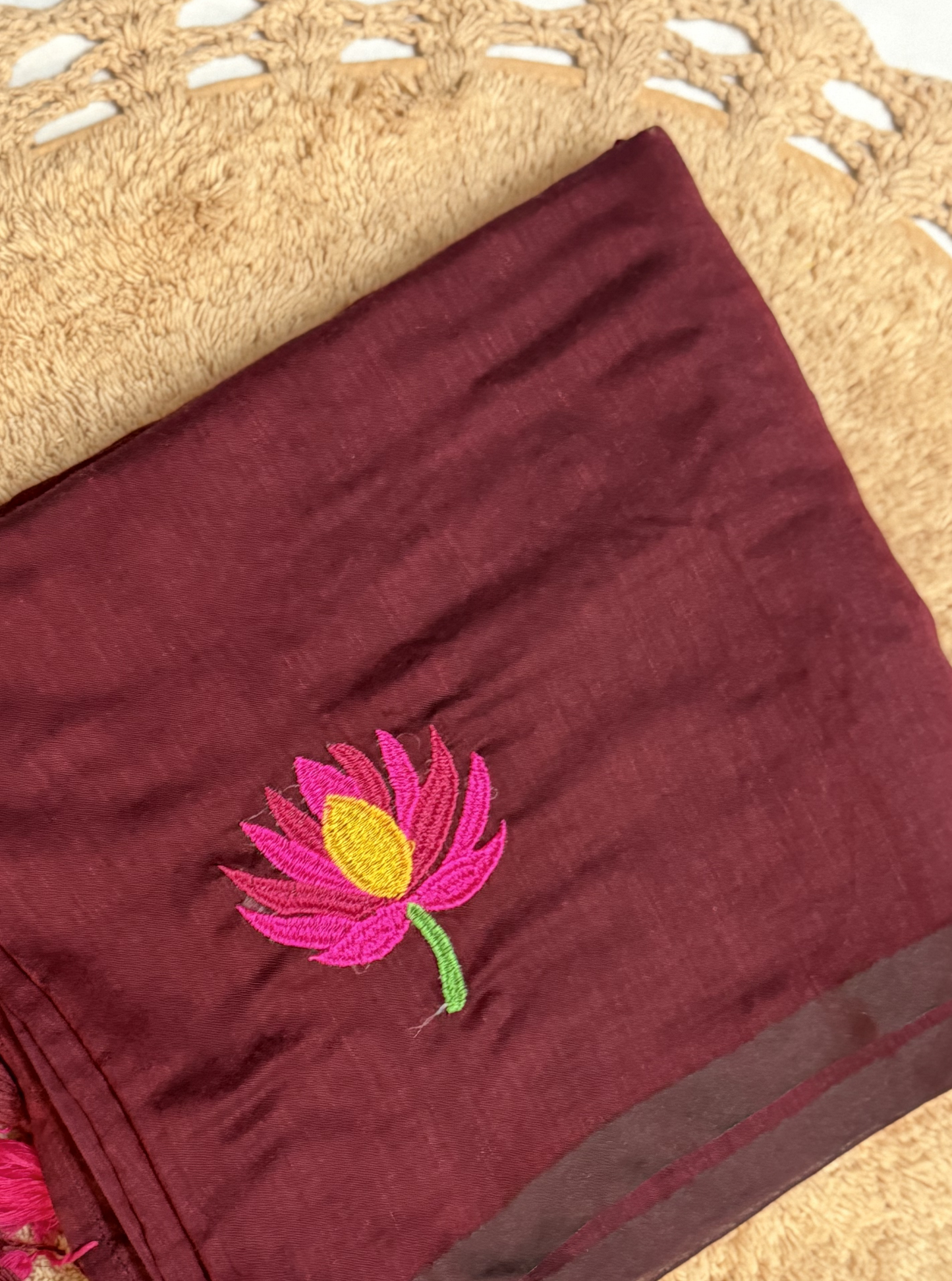 Deep Maroon Mul Cotton Saree with Embroidered Lotus Motif & Contrast Tassels