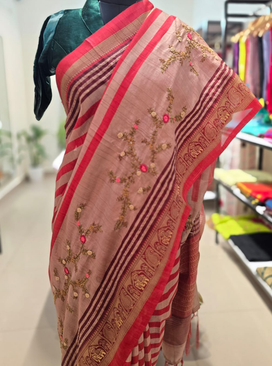 Beige Tussar Silk Saree with Floral Embroidery & Contrast Border