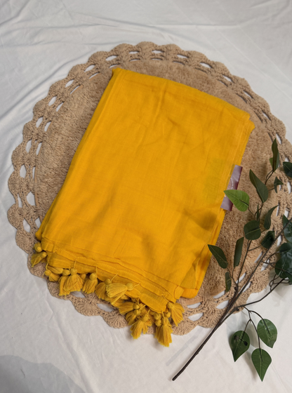 Mustard Yellow Mul Cotton Saree with Tassel Pallu