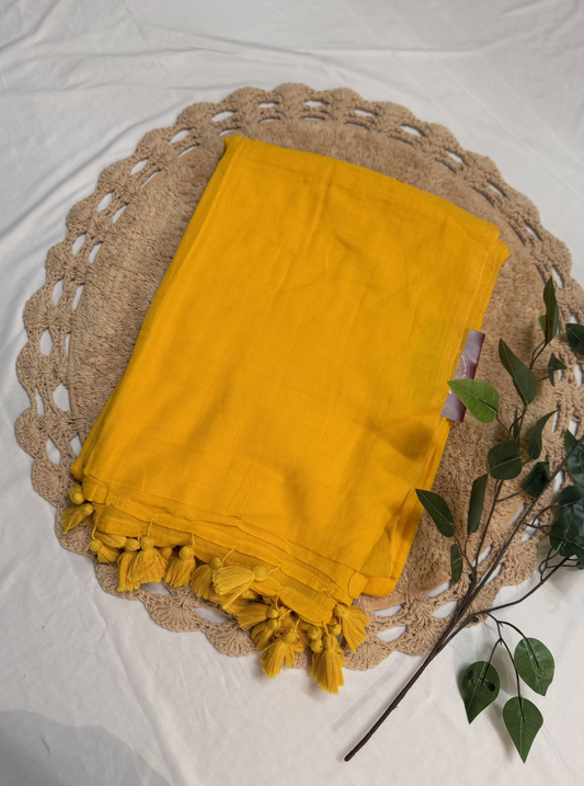Mustard Yellow Mul Cotton Saree with Tassel Pallu