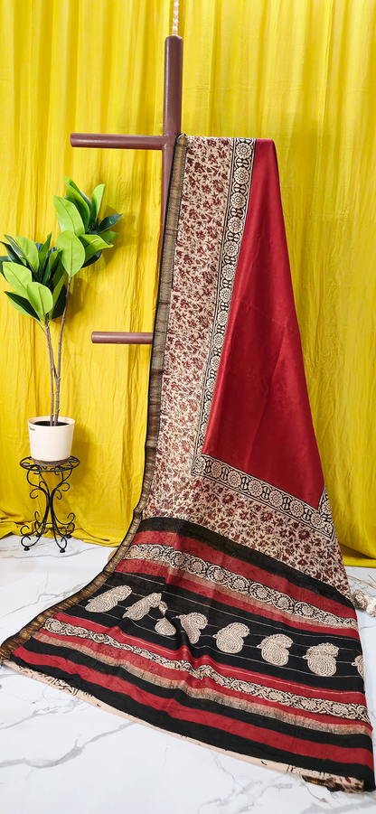 Graceful Red Maheshwari Silk Saree with Hand Block Print for Festive & Party Wear