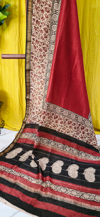 Graceful Red Maheshwari Silk Saree with Hand Block Print for Festive & Party Wear