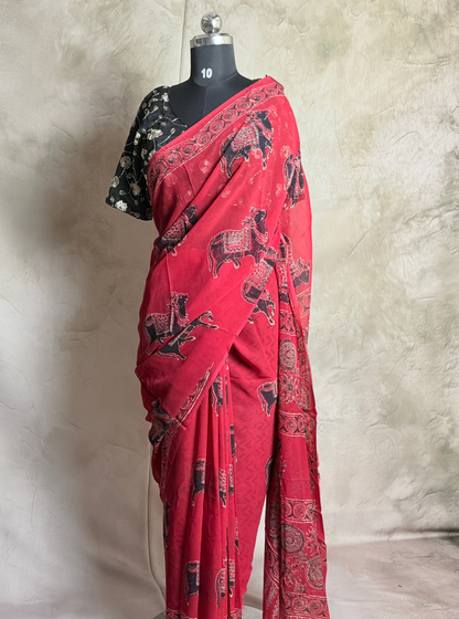 Rani Pink Chiffon Saree with Traditional Elephant Motifs