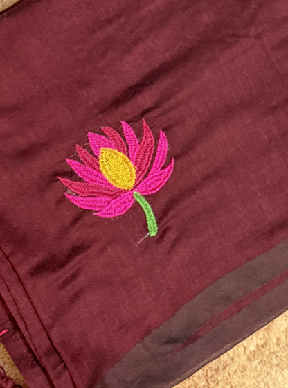 Deep Maroon Mul Cotton Saree with Embroidered Lotus Motif & Contrast Tassels