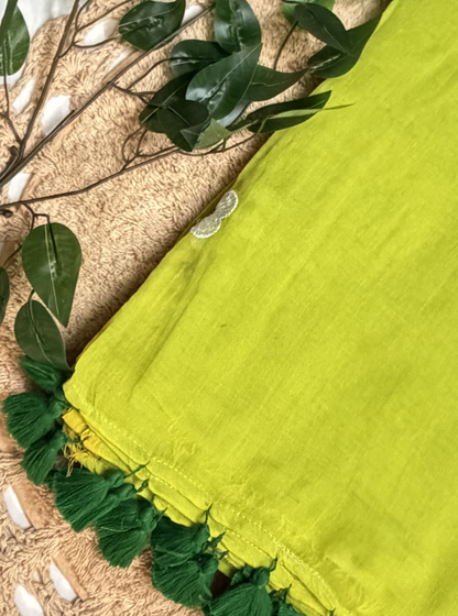 Fresh Lime Green Mul Cotton Saree with Floral Embroidery & Tassels