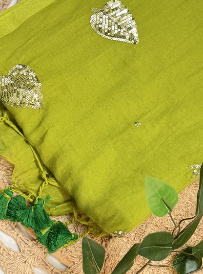 Lime Green Mul Cotton Saree with Sequin Leaf Motifs & Tassels