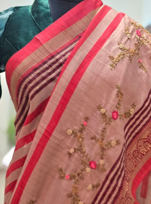 Beige Tussar Silk Saree with Floral Embroidery & Contrast Border