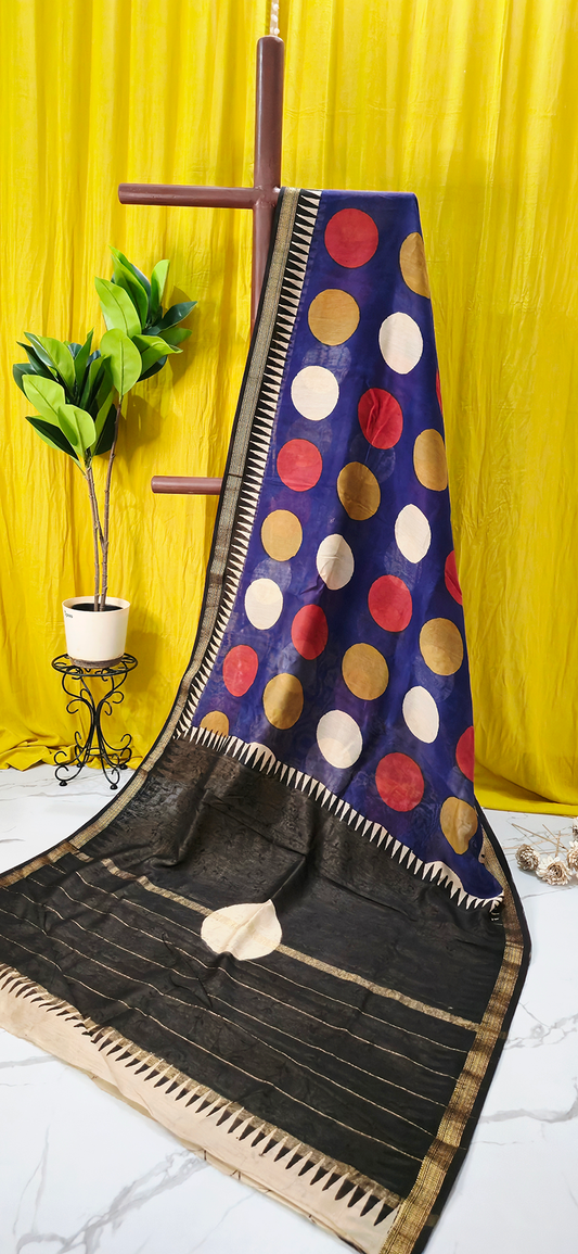 Stylish Blue Maheshwari Silk Saree with Hand Block Print for Festive & Party Wear