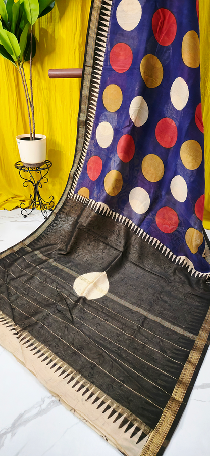 Stylish Blue Maheshwari Silk Saree with Hand Block Print for Festive & Party Wear