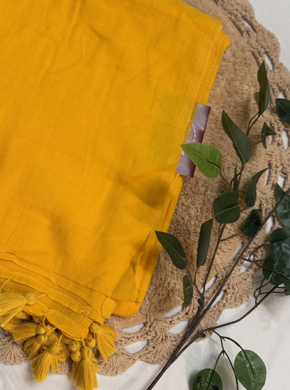 Mustard Yellow Mul Cotton Saree with Tassel Pallu