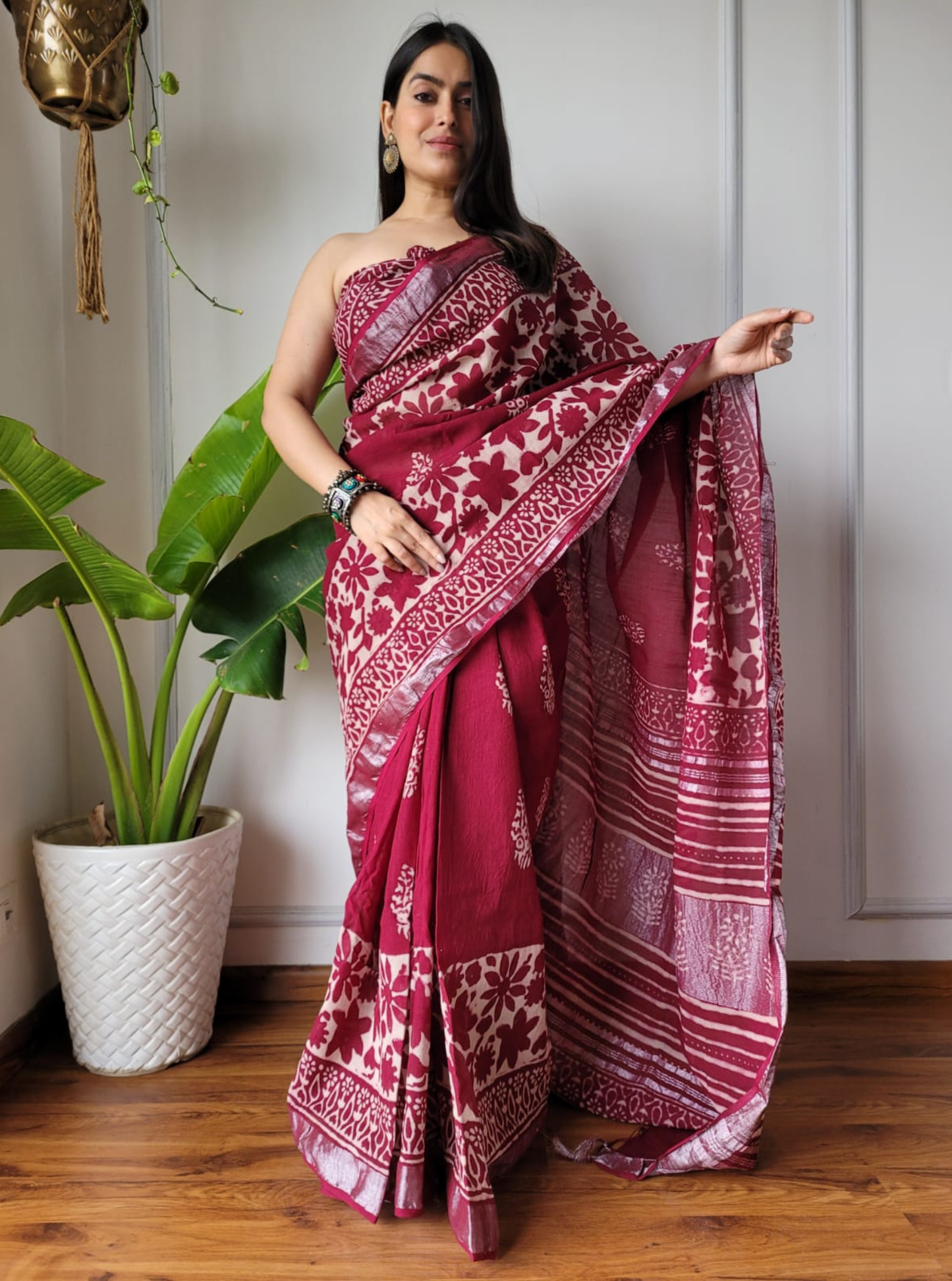 Maroon Cotton Linen Saree with Hand Block Inspired Prints & Statement Pallu