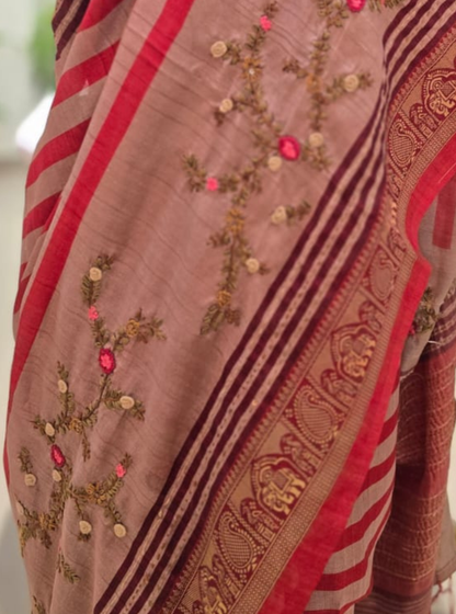Beige Tussar Silk Saree with Floral Embroidery & Contrast Border