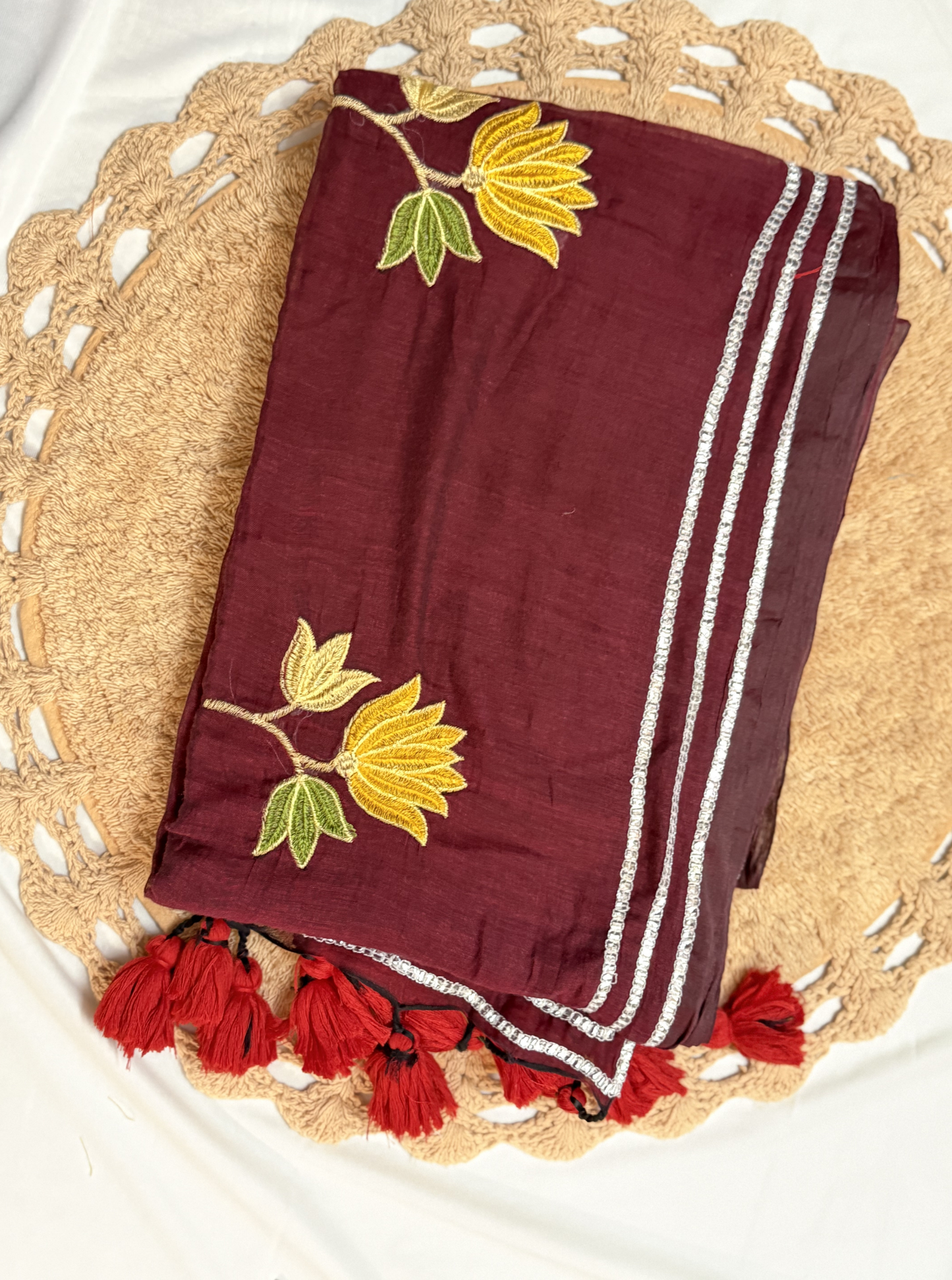 Wine Maroon Mul Cotton Saree with Floral Embroidery & Silver Border