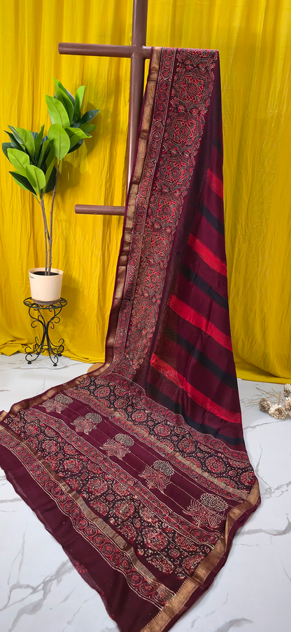 Charming Maroon Maheshwari Silk Saree with Hand Block Print for Festive & Party Wear
