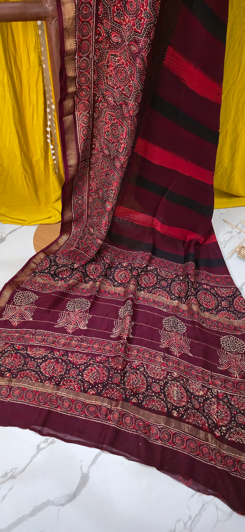 Charming Maroon Maheshwari Silk Saree with Hand Block Print for Festive & Party Wear