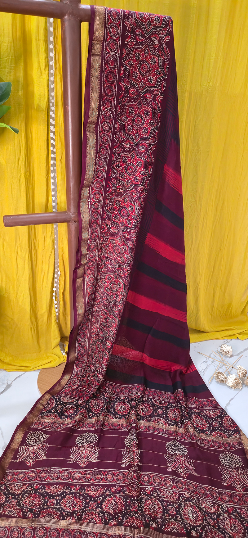 Charming Maroon Maheshwari Silk Saree with Hand Block Print for Festive & Party Wear