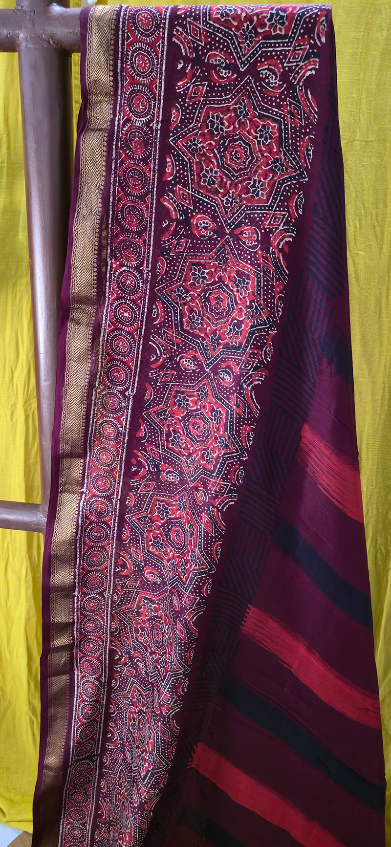 Charming Maroon Maheshwari Silk Saree with Hand Block Print for Festive & Party Wear