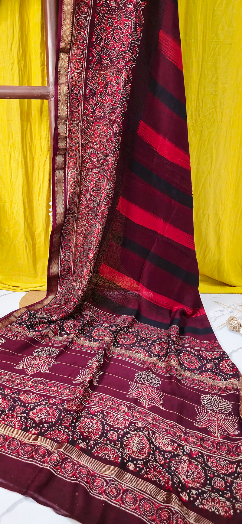Charming Maroon Maheshwari Silk Saree with Hand Block Print for Festive & Party Wear